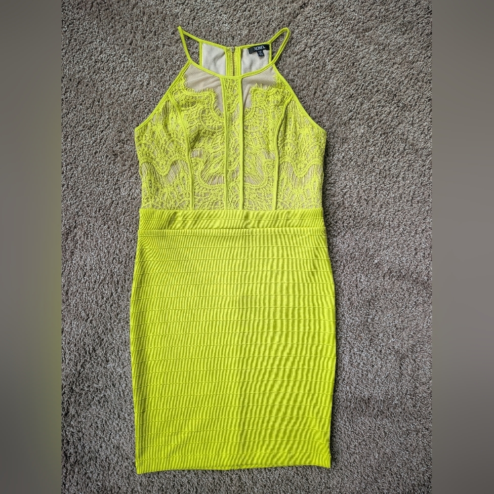 XOXO Lemon Green Lace Bodice Mini Bandage Dress
